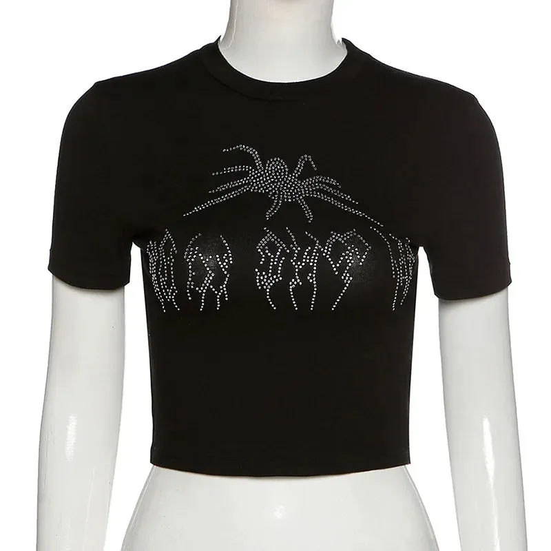 Spider Rhinestone Crop Tops^