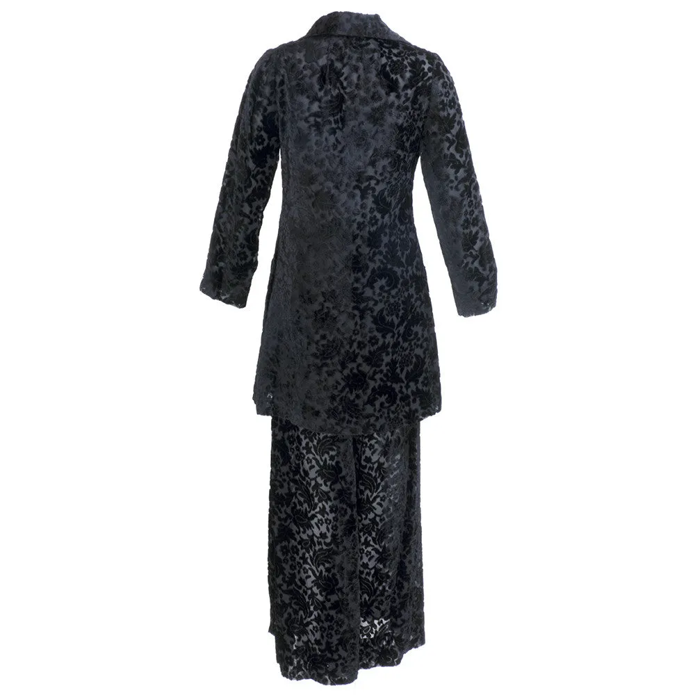 THEA PORTER 70s Black Sheer Cut Velvet  Pantsuit Ensemble