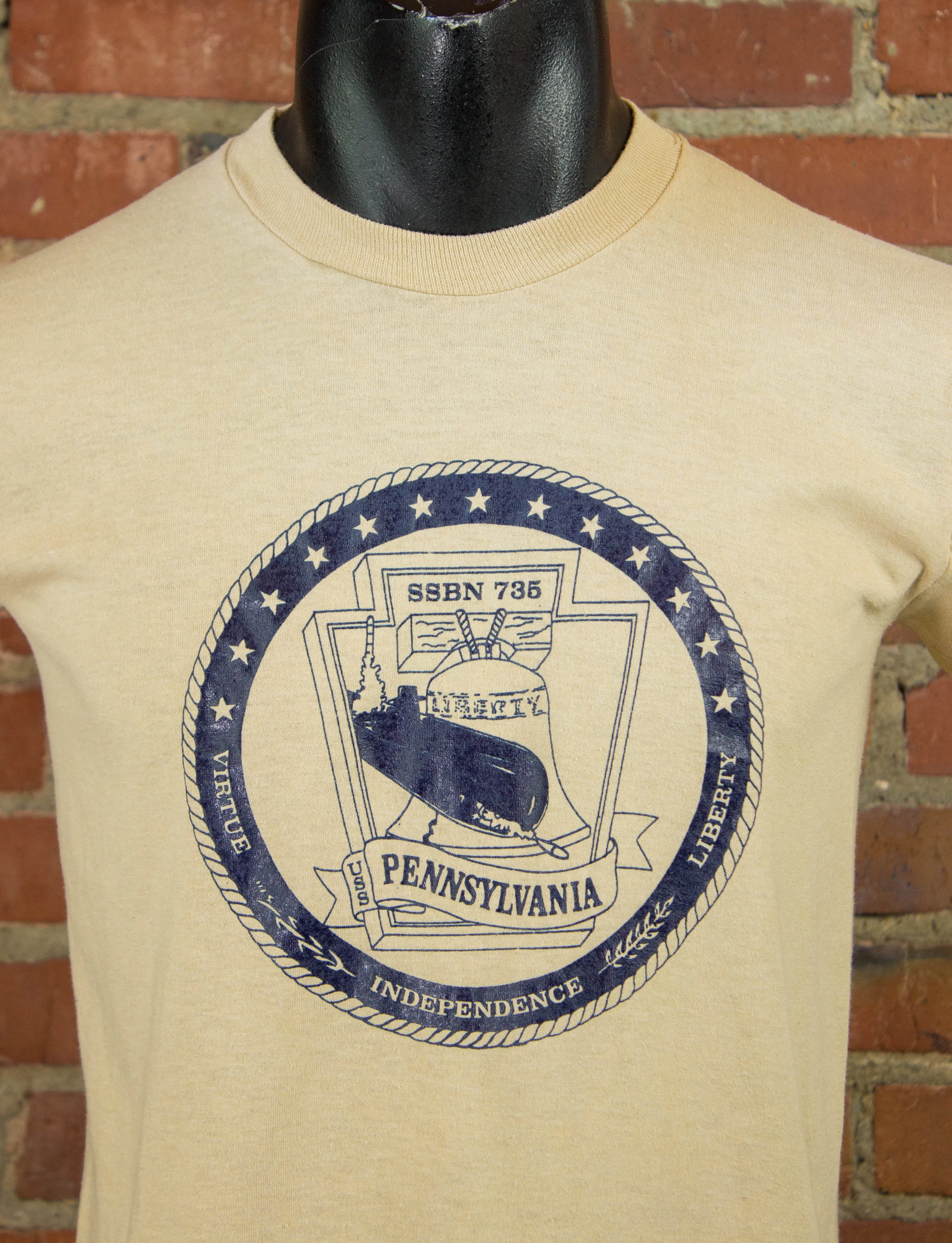 Vintage 80s USS Pennsylvania Submarine Tan Graphic T Shirt Unisex Small-Medium