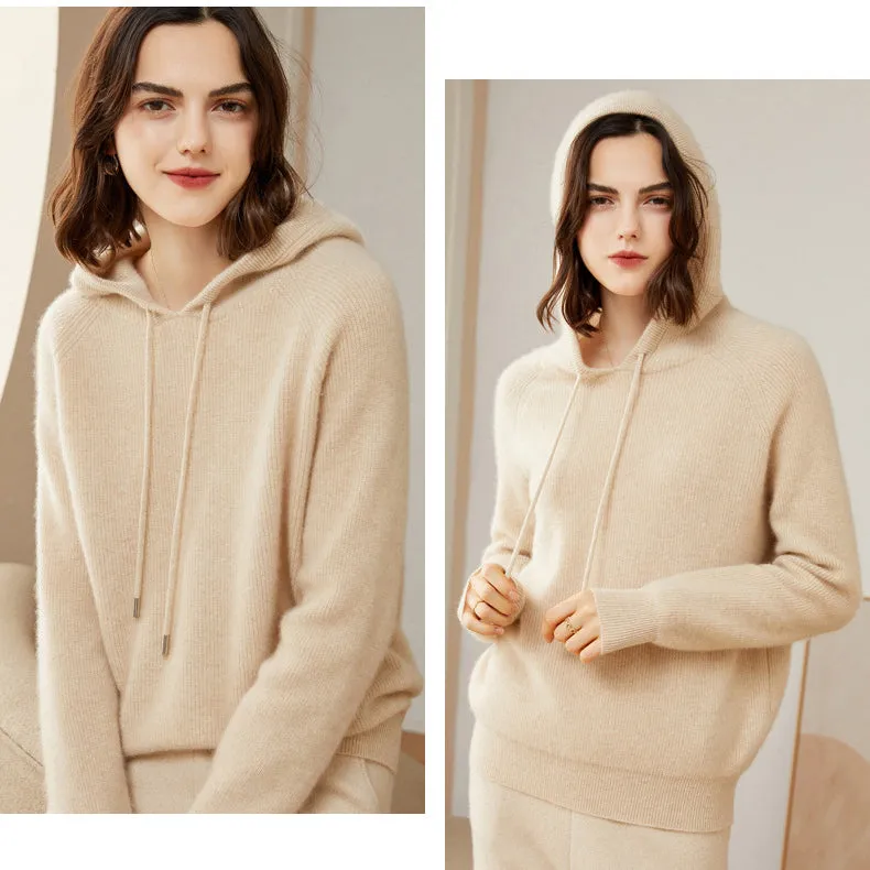 Women's 100% Pure Cashmere Hoodie Sweater Cashmere Hooded Warm Cashmere Sweater