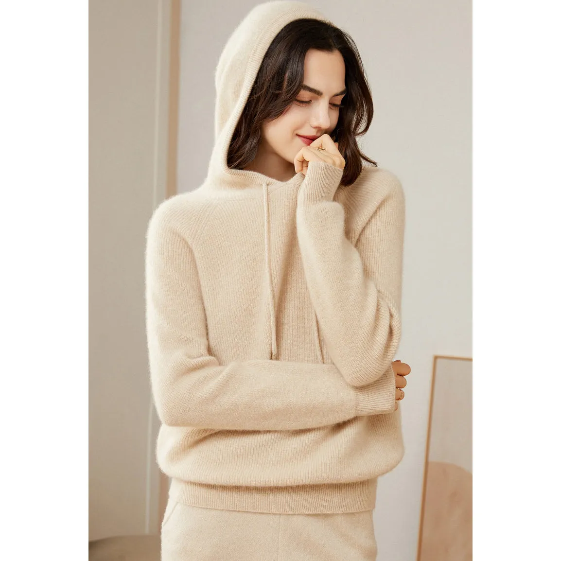 Women's 100% Pure Cashmere Hoodie Sweater Cashmere Hooded Warm Cashmere Sweater