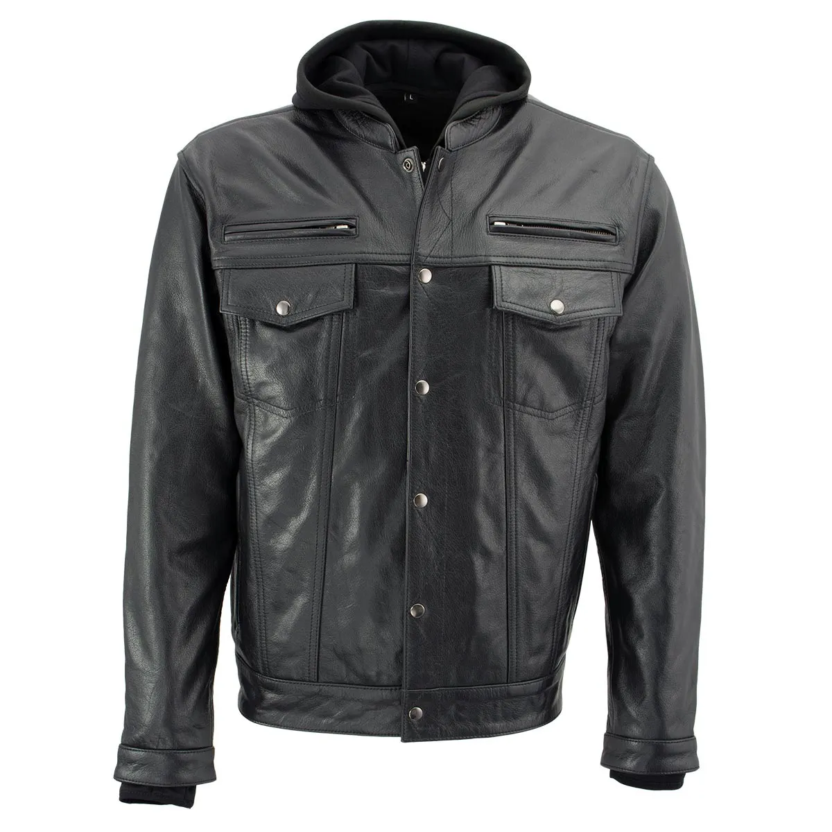 Xelement XS1025 Men’s 'Cross Rake' Black Snap Front Leather Shirt Jacket with Removable Hoodie